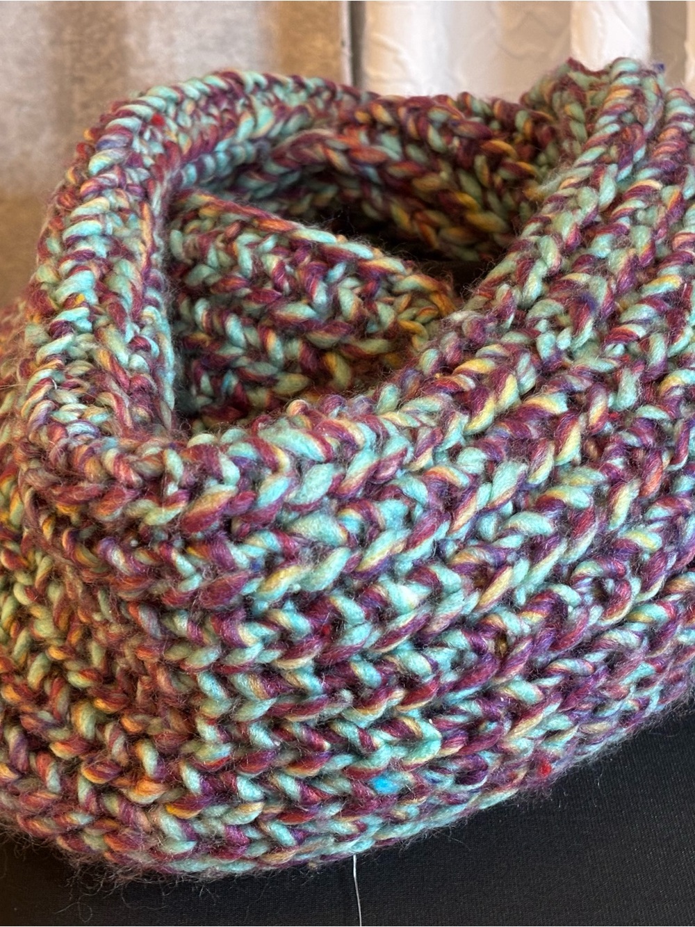 Chunky Knit Infinity Scarf in Aqua & Plum